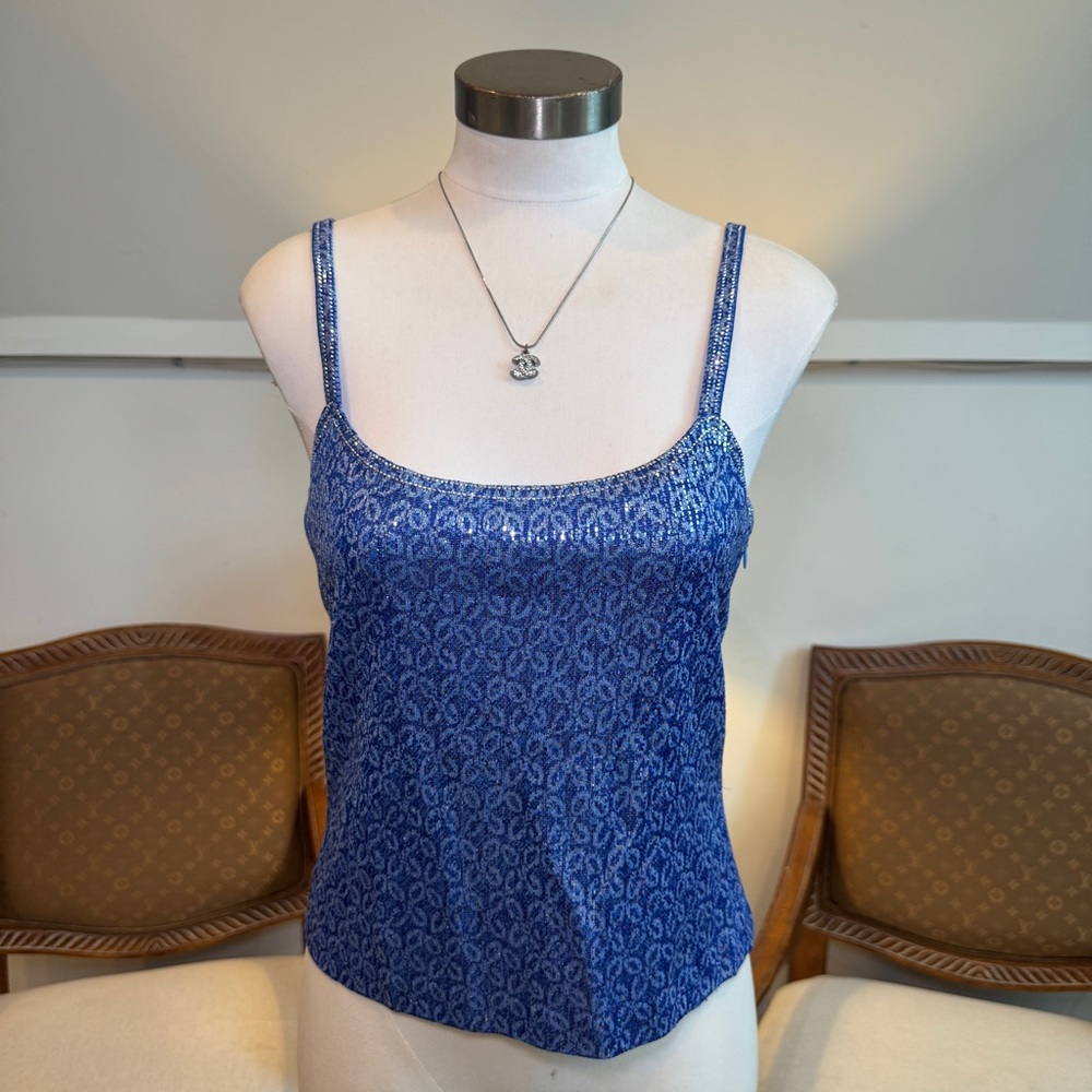 Vintage St. John Blue Knit Tank Top Cami with Sequin Embellishments